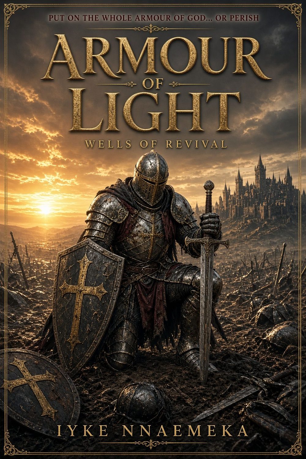 Armour of Light – Wells of Revival book cover: a knight in battle-worn armour kneels with sword and cross-marked shield on a battlefield at sunset.