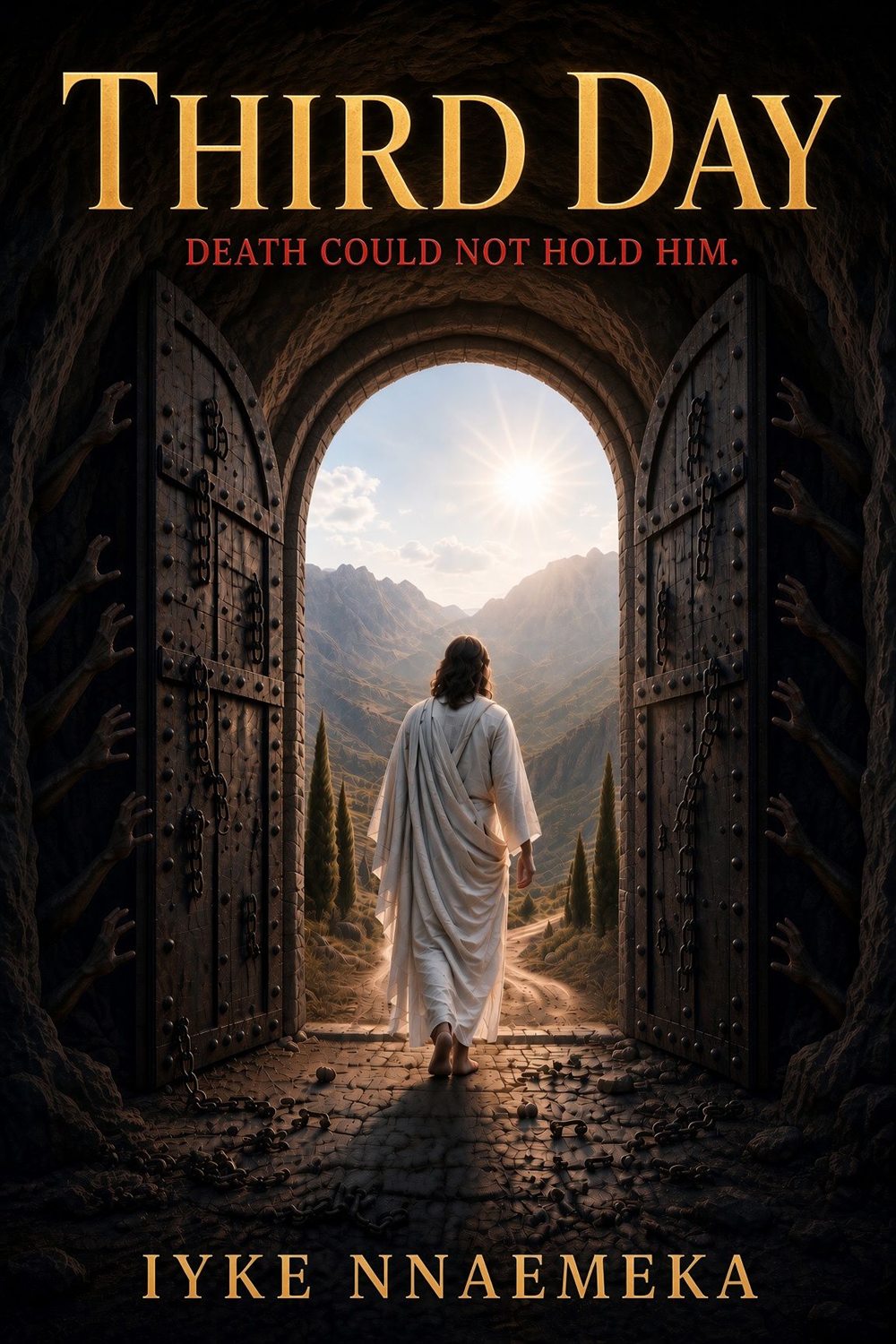 Third Day book cover: a robed figure walks out through open gates of a dark tomb towards sunlit mountains.